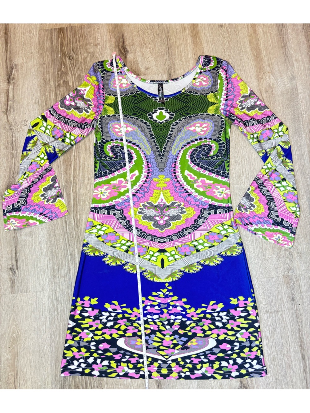 White Mark Couture Collection Blue, Pink & Green Paisley-Print Long Sleeve Dress - Picture 7 of 13